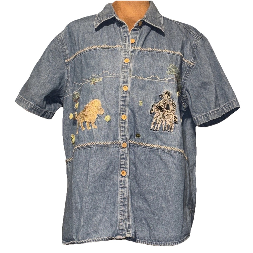 Lemon Grass Womens Large Shirt Denim 90s Safari Animal Embroidered Button Up